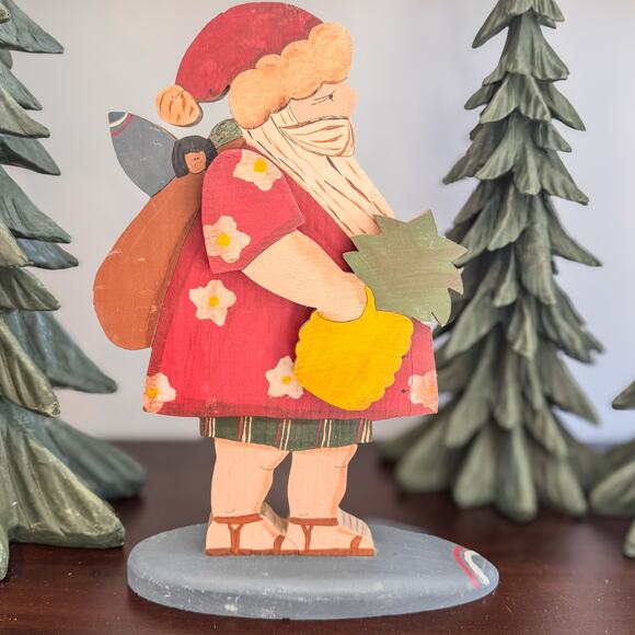 Vintage Wooden Beach Santa w/ Hawaiian Shirt and Surf Board, 12” - Picture 1 of 6